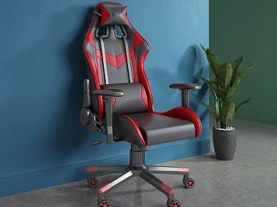 Black Red High Back Office Chair With Adjustable Armrests And Wheels By Potted Plant 3d model