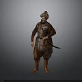 Man In Traditional Brown Armor With Decorative Patterns Holding A Sword