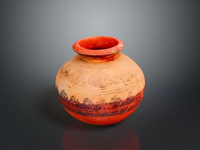 Traditional Hand Carved Clay Sculpture With Red Rim Earthy Yellow Body And Intricate Black Patterns 3d model