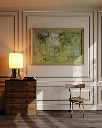 Abstract Painting in Modern Interior with Wooden Cabinet Chair and Table Lamp 3d model