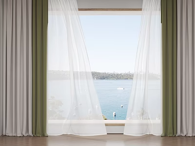 Green And Gray Curtains With White Sheer Fabric Framing Sea View Window On Wooden Floor 3d model