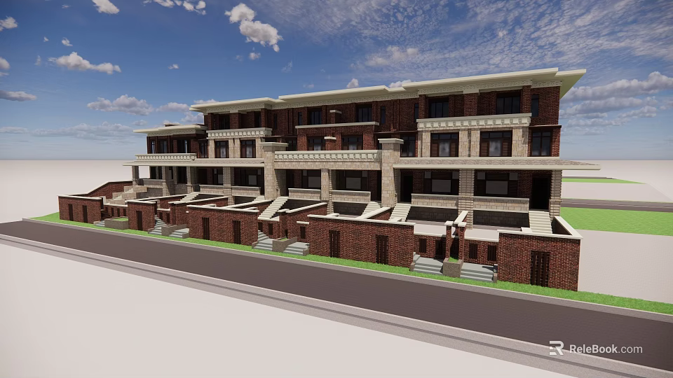 Modern Townhouse Exterior With Red Brick Facade Multiple Floors And Balconies 3d model 