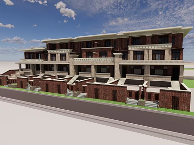Modern Townhouse Exterior With Red Brick Facade Multiple Floors And Balconies 3d model