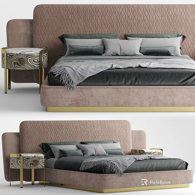 Beige Upholstered Double Bed With Gold Base Gray Pillows Throw Blanket And Patterned Nightstand 3d model 