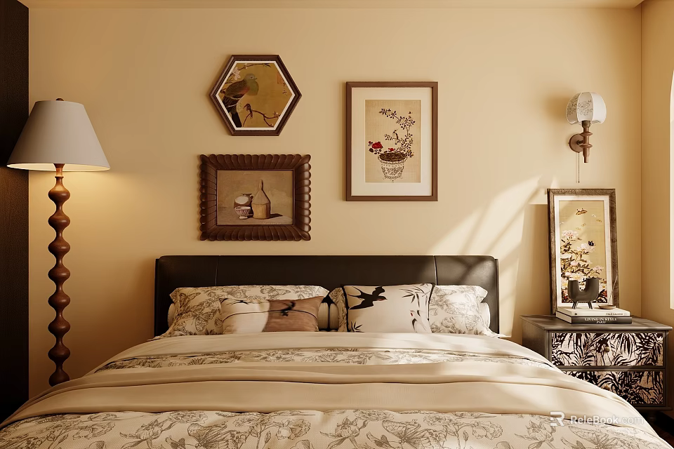 Cozy Bedroom Interior Design With Framed Artworks Nightstand Lamp And Floral Bedding 3d model 