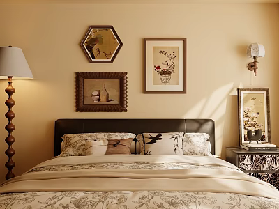 Cozy Bedroom Interior Design With Framed Artworks Nightstand Lamp And Floral Bedding 3d model