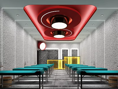 SPA Sauna Interior Featuring Red Ceiling Round Lights Gray Walls And Blue Massage Beds 3d model