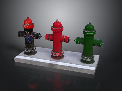 Building Exterior Metal Fire Hydrants In Black Red Green With White Base 3d model