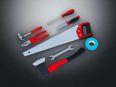 Assorted Hand Tools Set With Saw Hammer Pliers Screwdriver Tape Measure Red Black Handles 3d model