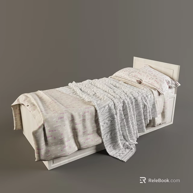 Single Bed with White Frame Pink Pattern Sheets and Gray Knit Blanket 3d model 