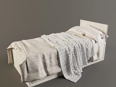 Single Bed with White Frame Pink Pattern Sheets and Gray Knit Blanket 3d model