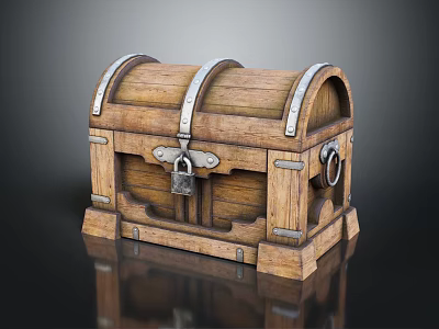 Vintage Wooden Chest With Metal Straps And Lock On Reflective Surface 3d model