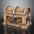 Vintage Wooden Chest With Metal Straps And Lock On Reflective Surface