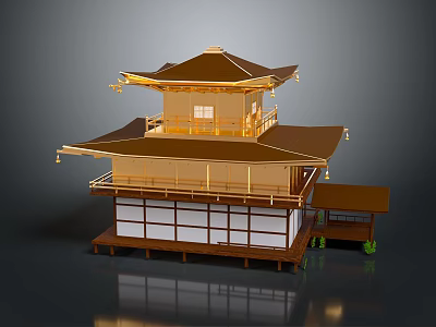 Cartoon Scene of Traditional Japanese Golden Pavilion with Golden Roof Multi story Structure and White Walls 3d model