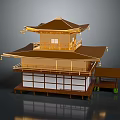 Cartoon Scene of Traditional Japanese Golden Pavilion with Golden Roof Multi story Structure and White Walls