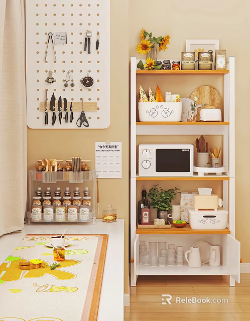 Well Organized Kitchen With Kitchenware Pegboard Spice Bottles And Microwave 3d model 