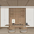 Traditional Japanese Tea Room Interior With Woven Bamboo Ceiling Tatami Floor And Wooden Grid Cabinet
