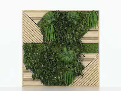 Modern Living Wall With Lush Green Plants And Decorative Wooden Geometric Frame 3d model