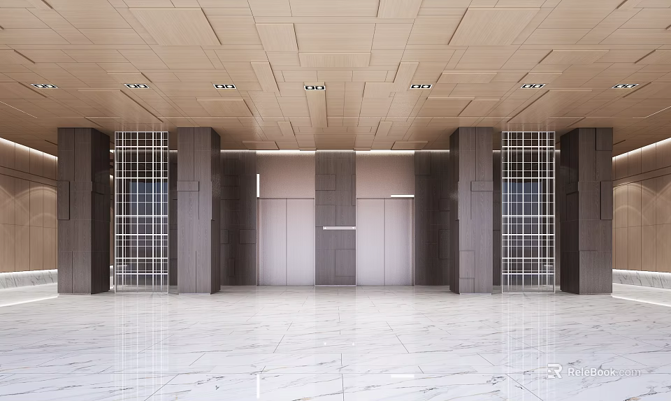 Elegant Elevator Lobby Interior With Wooden Ceiling Marble Floor And Metal Frame Doors 3d model 