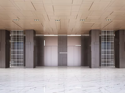 Elegant Elevator Lobby Interior With Wooden Ceiling Marble Floor And Metal Frame Doors 3d model
