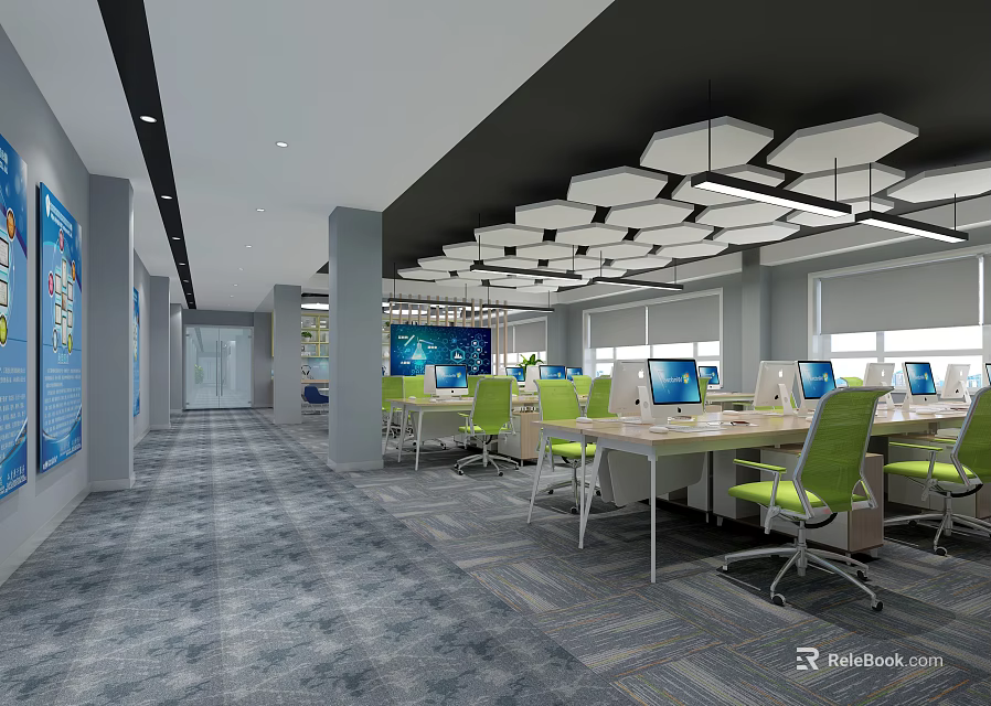 Modern Public Office Space Interior With Green Chairs Workstations And Ceiling Lights 3d model