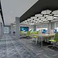 Modern Public Office Space Interior With Green Chairs Workstations And Ceiling Lights 3d model