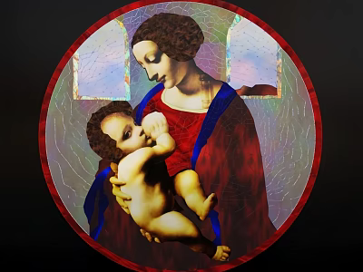 Circular Wall Decor Featuring Madonna and Child in Stained Glass Art Style 3d model