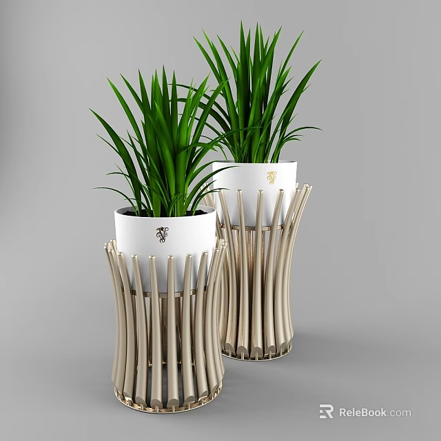 Potted Bonsai Plants In White Pots With Wooden Strip Decorations Golden Logos And Green Foliage 3d model 