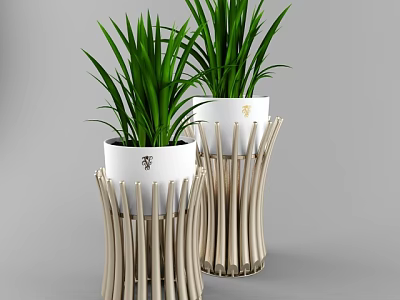 Potted Bonsai Plants In White Pots With Wooden Strip Decorations Golden Logos And Green Foliage 3d model