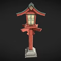Traditional Japanese Red Lantern With Green Roof Square Shade And Stone Base