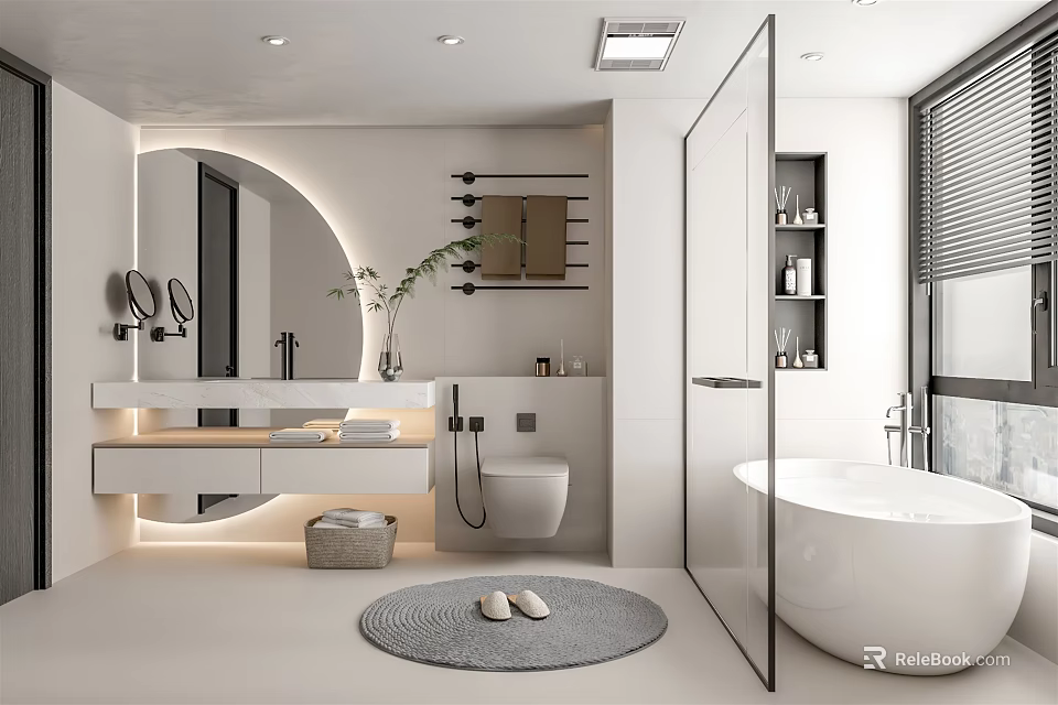 Modern Bathroom Interior Design With Vanity Mirror Bathtub Shower And Decorative Lighting 3d model 