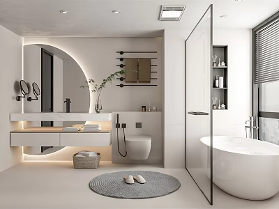 Modern Bathroom Interior Design With Vanity Mirror Bathtub Shower And Decorative Lighting 3d model