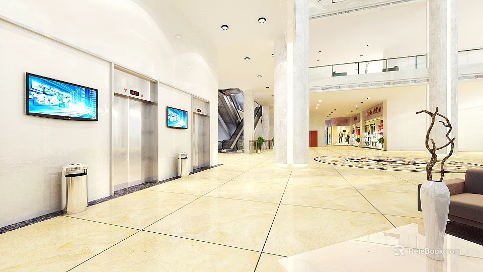 Modern Elevator Hallway Interior Design With Spacious Layout Digital Screens And Marble Floor 3d model
