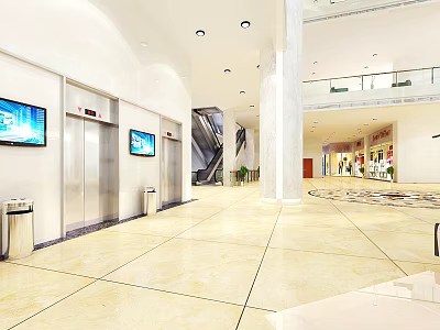 Modern Elevator Hallway Interior Design With Spacious Layout Digital Screens And Marble Floor 3d model