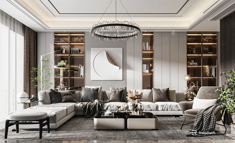 Modern Living Room Interior With Sofa Coffee Table Chandelier And Decorative Painting 3d model 