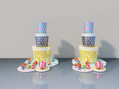 Stacked Landscape Sculpture With Colorful Stripes Gold Dots And Decorative Ornaments 3d model