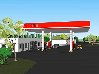 Modern Gas Station With Red Canopy Fuel Pumps Vehicles And Green Trees 3d model