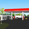 Modern Gas Station With Red Canopy Fuel Pumps Vehicles And Green Trees