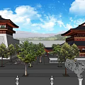 Ancient Traditional Architecture Featuring Classic Roof Courtyard Trees Blue Sky And Distant Mountains