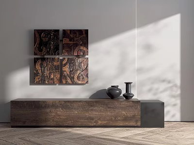 Modern Wall Art Decor Pieces In Minimalist Interior With Cabinet And Vases 3d model