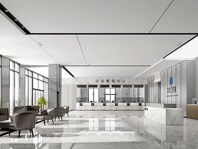 Modern Service Hall Interior With Spacious Layout Marble Floor Large Windows And Reception Desk 3d model