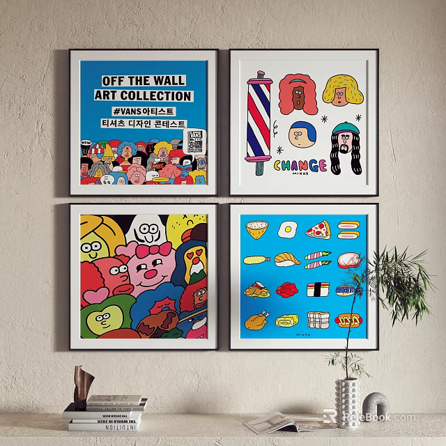 Off The Wall Art Collection Featuring Cartoon Characters Hairdressing Elements And Food Illustrations 3d model 