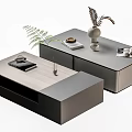 Modern Office Desk With Light Wood Dark Gray Black Surfaces Notebook Potted Plant And Magazine