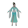 Elegant Ancient Female Character In Turquoise Robe With Ornate Headdress And Hairpin