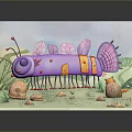 Purple Insect Themed Miniature Paper Craft Scene With Green Plants And Blue Sky