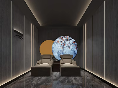 Serene Modern SPA Sauna Interior With Plush Massage Chairs And Circular Decorative Art 3d model