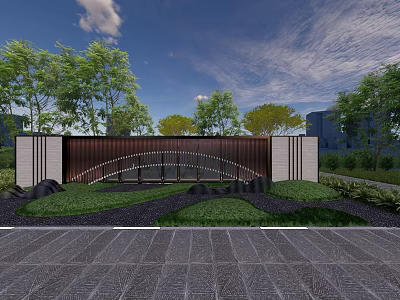 Modern Scenic Feature Wall With Curved Design White Panels Green Plants And Stone Pavement 3d model