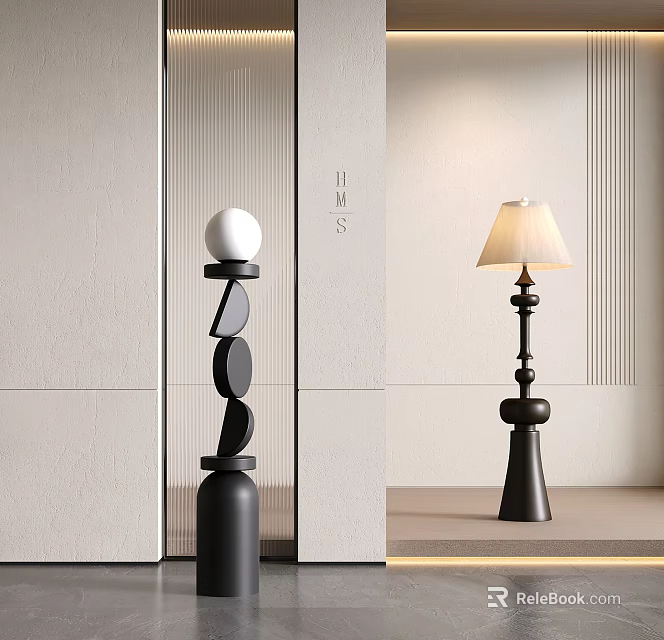 Modern Minimalist Floor Lamp with Stacked Circles White Spherical Top and Cream Lampshade 3d model 