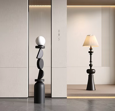 Modern Minimalist Floor Lamp with Stacked Circles White Spherical Top and Cream Lampshade 3d model