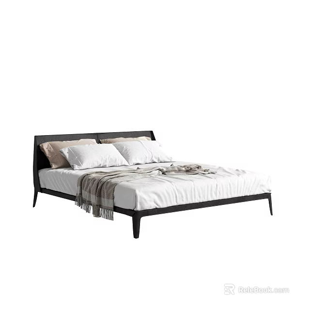 Modern Double Bed With Black Frame White Sheets Two Pillows And Blanket 3d model
